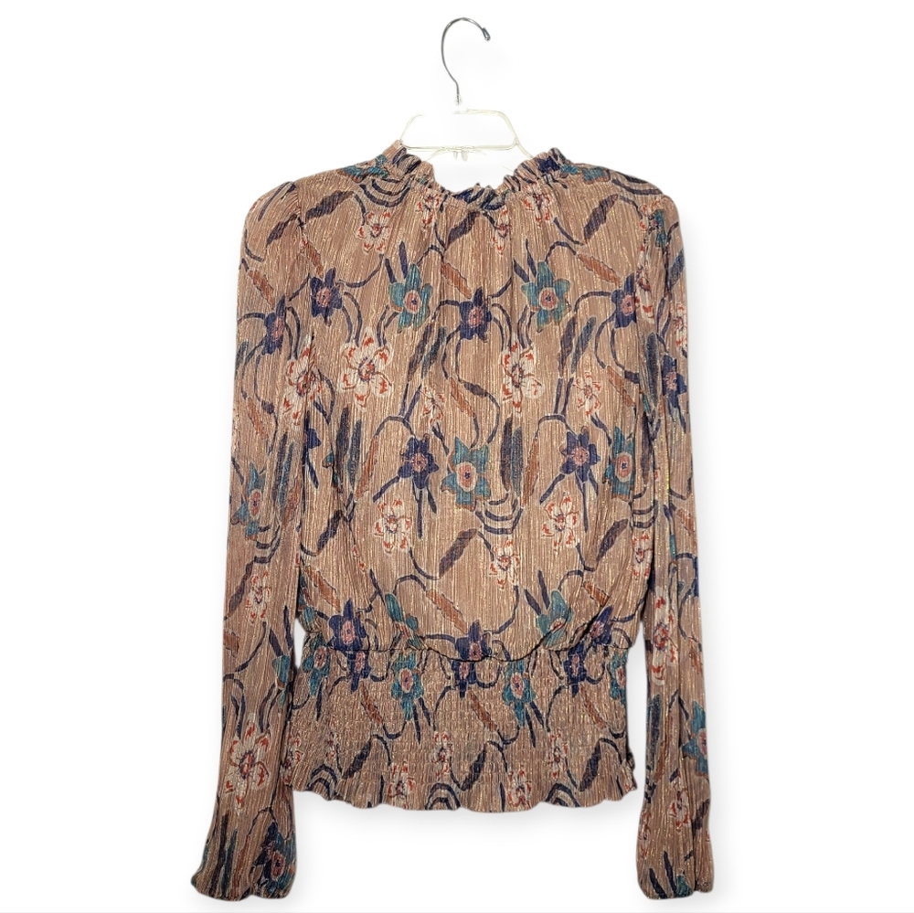 JOIE High Neck Boho Metallic Floral Ruched Waist Top XS - Picture 2 of 6